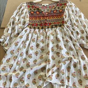 Umgee White Boho Embroidered Peasant Dress with Multicolor Yoke